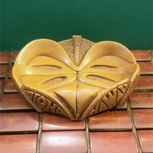 Vintage Aloha Hawaii Tiki Ashtray Leaf Coco Joe Monstera Leaf Hapa Wood Barware